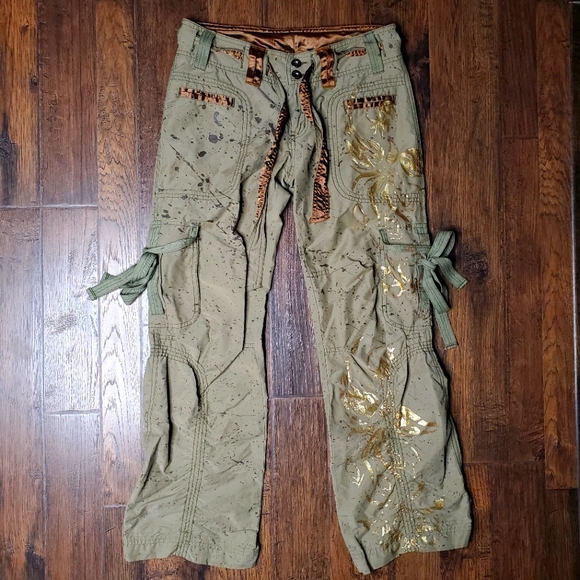 Miss Me Pants - Miss Me Gold Splatter Olive Green Cargo Pants